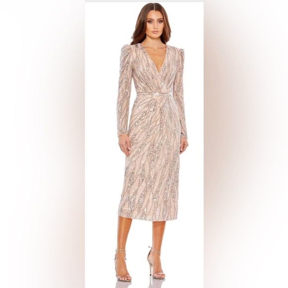 Long Sleeve V Neck Beaded Cocktail Dress - Picture 1 of 14